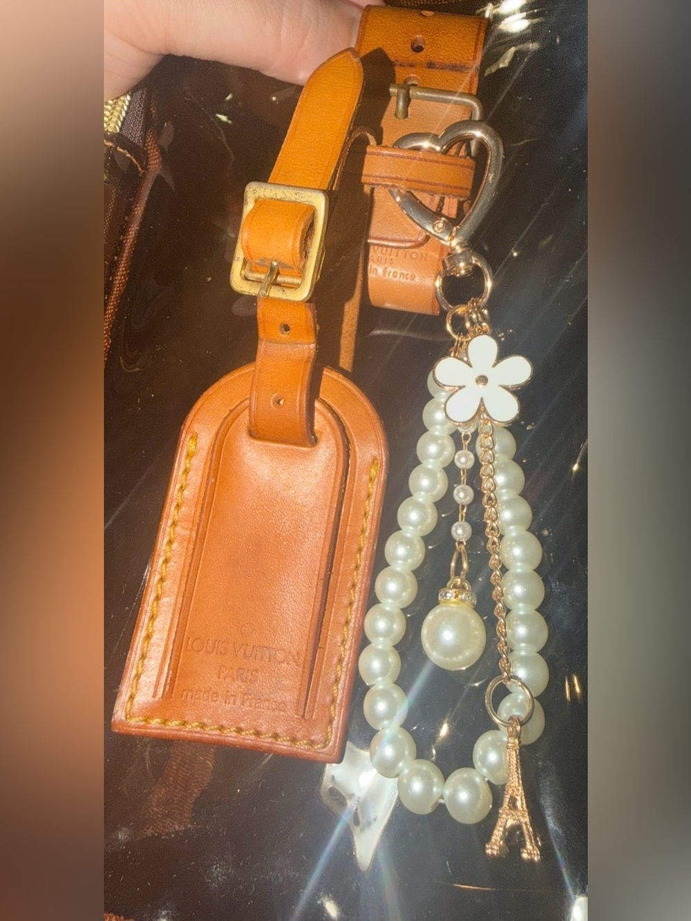 Louis Vuitton Brown Leather Luggage Tag with Pearl Charms and Gold Accents